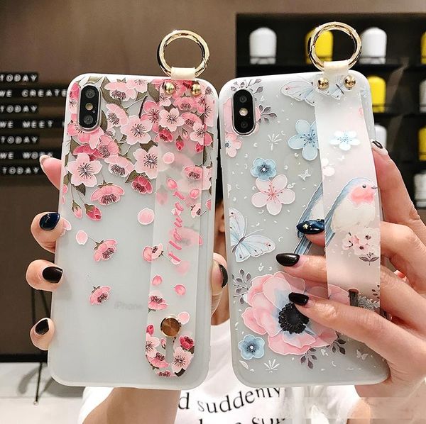 

socouple flower soft tpu wrist strap case for iphone 7 8 6 6s plus 11 pro max x xs max xr se relief floral phone holder case