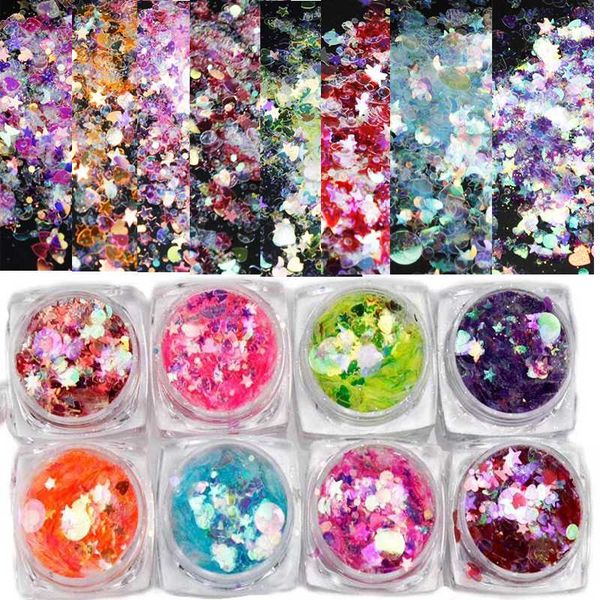 

holo 3ml/jar nail sequin star/moon/round/hexagon mix-size sequin glitter 1set=8box diy nail art glitter 3d decoration mt, Silver;gold