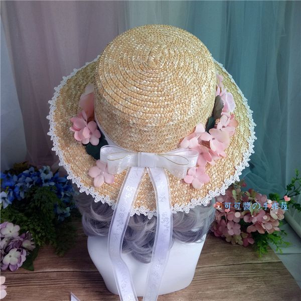 

8cm wide sun straw hat japanese style lolita girls summer spring forest flower lace brim straw weaving hat costume party, Blue;gray