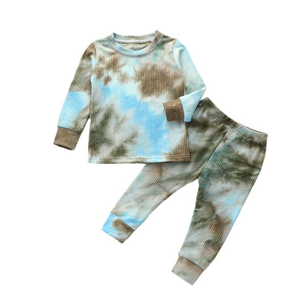 

2020 autumn toddler baby boys ribbed knitted tie dye pajamas sets long sleeve t-shirt+pants trousers girls clothing sleepwear pyjamas, Blue;red