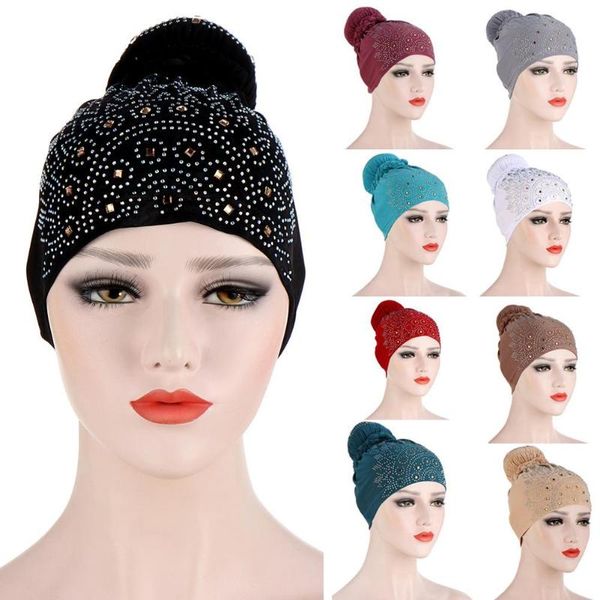 

fashion women rhinestone cloth hair bun bonnet turban cap beanie headwrap hair styling accessory headwear headdress, Blue;gray