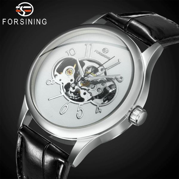 

skeleton men watches arabic numerals dial leather strap forsining fashion business mechanical wristwatches, Slivery;brown