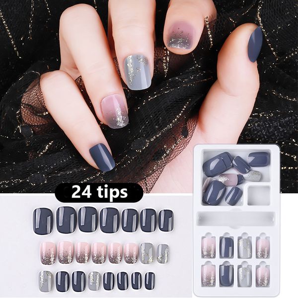 

false nails 24pcs/set gradient glitter full cover tips nail art design artificial diy fashion fake press on short tip, Red;gold