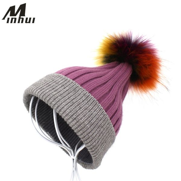 

beanie/skull caps minhui real fur hats women skullies beanie knitted gorro pom hat girls winter cap bonnet beanies, Blue;gray