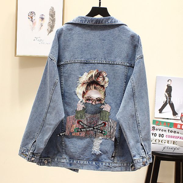 

women's jackets bf autumn harajuku printed frayed beading denim jacket loose casual jeans women coat outwear female 4 style, Black;brown