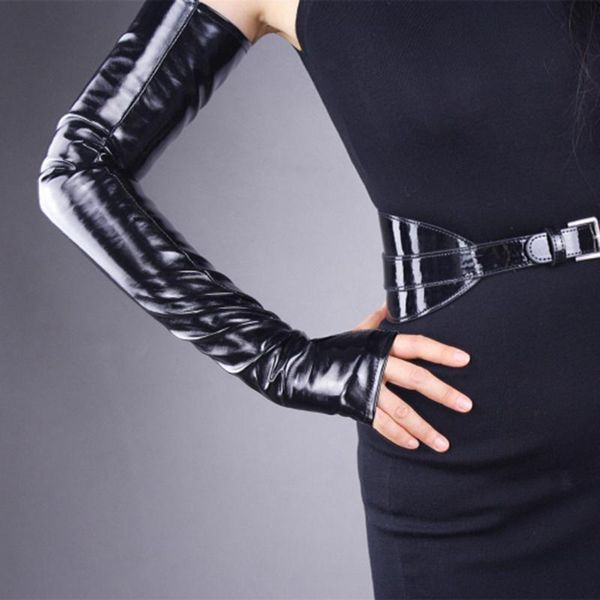 

five fingers gloves patent leather long fingerless 60cm simulation without liner export touch screen bright black tb27, Blue;gray