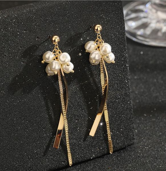 

2020 new european and american style atmospheric imitation pearl tassel simple long earrings 023, Golden;silver