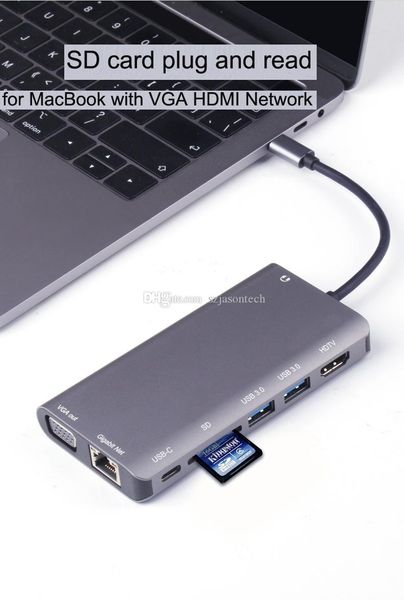 

new type-c to hdmi vga+2 usb 3.0+sd+gigabyte lan+pd charging+3.5 audio usb-c to rj45 ethernet wired adapter hub data sync otg converter