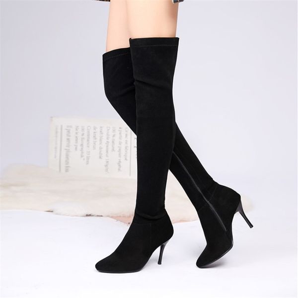 

boots pxelena elastic women stiletto heels over the knee faux suede stretch thigh high lady winter shoes large size, Black
