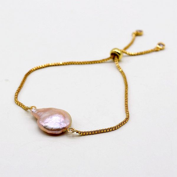 

link, chain adjustable bracelet for girls, coin-shaped baroque pearls, golden bracelet, ladies pearl, Black