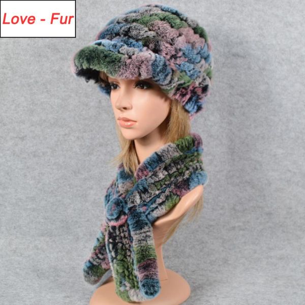 

beanie/skull caps lady 2 pieces sets knit real rex fur hat scarf women winter cap scarves natural poncho hats, Blue;gray