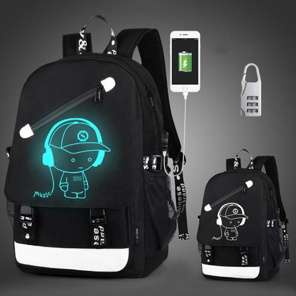 

анти вор детей ранцы мальчик девочка аниме luminous школа рюкзак подросток schoolbag водонепроницаемый детская сумка usb зарядный порт