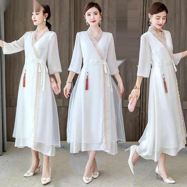 

китайский стиль чай костюм женщин талии белый хань юбка длинная юбка костюм улучшилось zen фея стиль v-образным вырезом галстук длинное плат, Black;gray