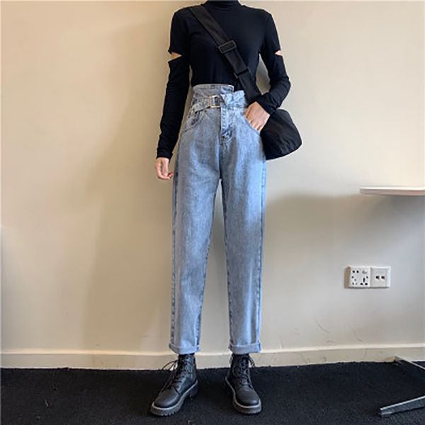 

women's jeans the design of 2021 irregular ins high waist slimming straight leg with belt wash are for girls, Blue