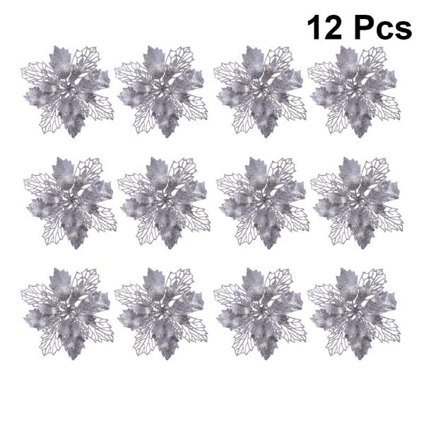 

12 pcs silver glitter poinsettia flowers hollow artificial flowers christmas ornaments xmas tree hanging pendant christmas