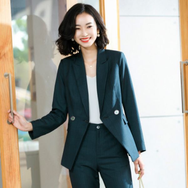 

women's two piece pants high-quality professional female blazer fashion ladies plaid jacket small suit casual trousers plus size clothi, White