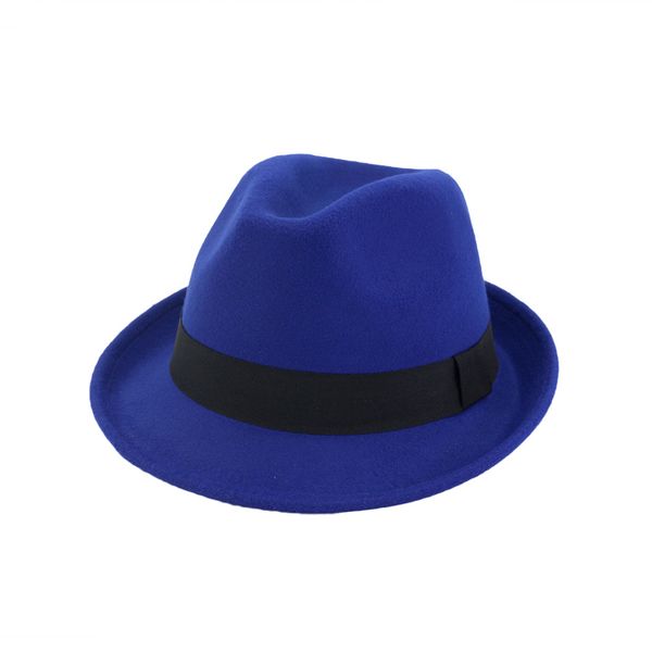 

wool felt roll up short brim jazz fedora hats with black ribbon women men formal party trilby floppy hat, Blue;gray