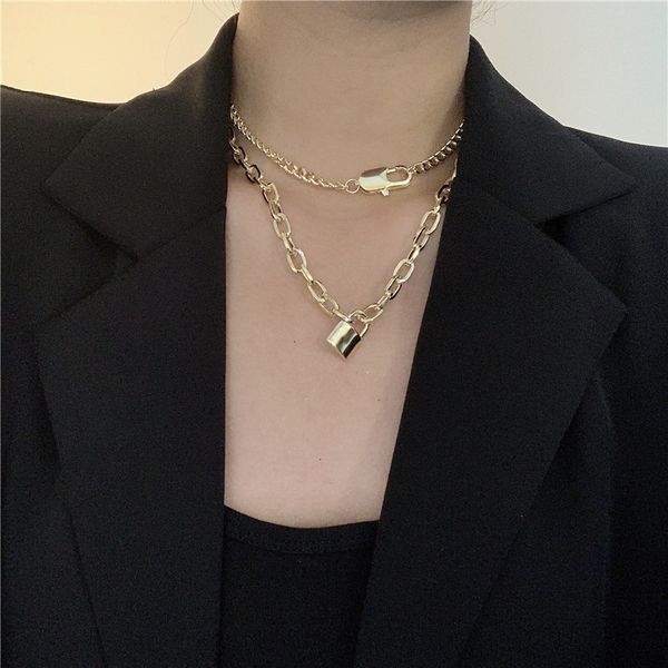

chokers statement hip hop lock chain necklace set for women 2021 jewelry personality 2 pcs, Golden;silver