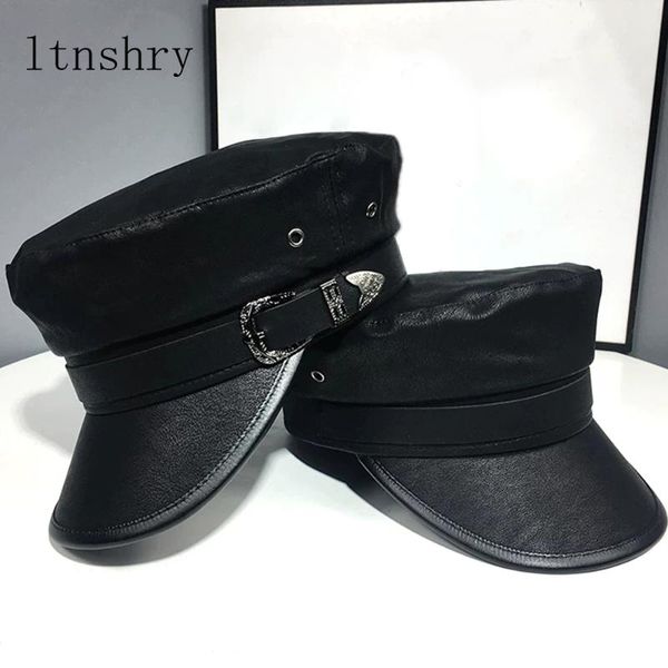 

new fashion pu leather hat autumn sailor hat for women men belt berets flat female travel cadet captain cap, Blue;gray