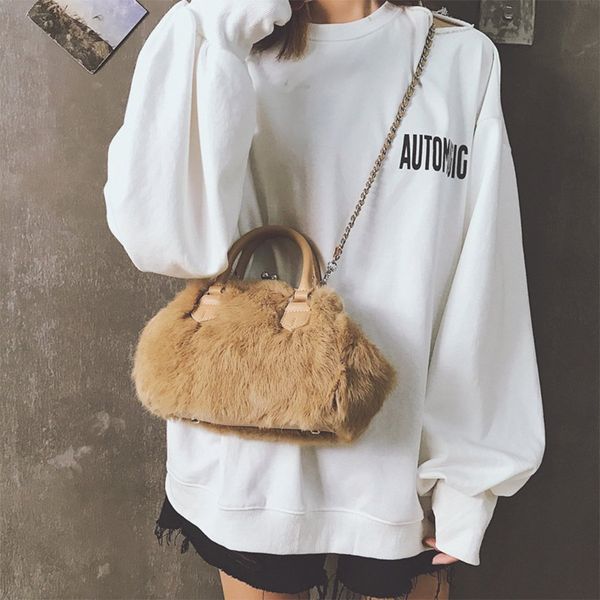 

faux fur bucket bags chains women messenger bag 2018 winter plush females tote fashion pu leather girls crossbody bag new 5or1#