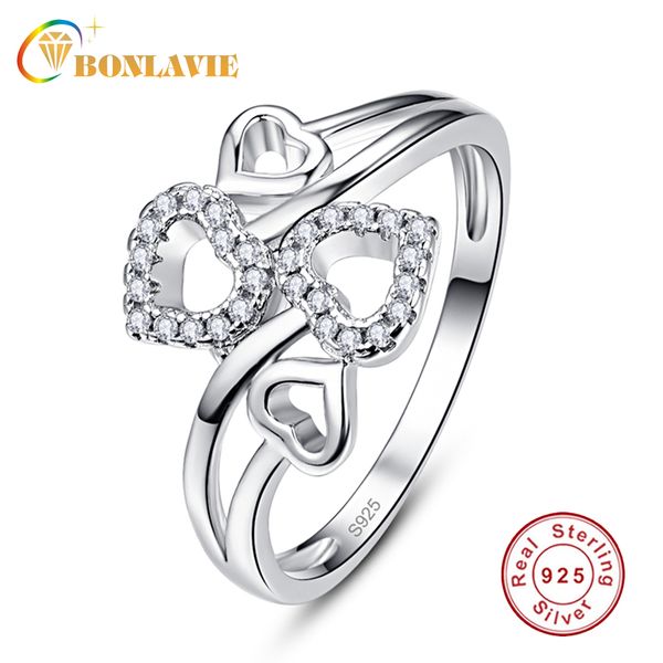 

cluster rings bonlavie 925 sterling silver crystal ring hollow love heart forever finger for women wedding engagement jewelry, Golden;silver