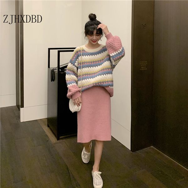 

2020 autumn winter new loose contrast color cute sweet sweater korean school hand knitted women female lady women's clothing, White;black