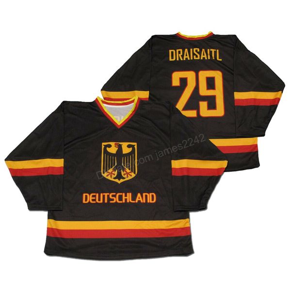 

custom leon draisaitl #29 ice hockey jerseys men germany deutschland stitched black any name and number size 2xs-3xl quality, Black;red