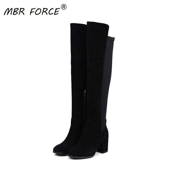 

mbr force 2020new high-quality cow suede winter ladies round-toe side zipper laces fashion high-heeled black warm high boots