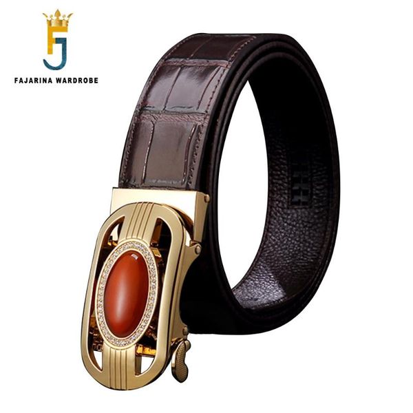 

fajarina men's cowhide real jade decorative automatic buckle metal genuine leather belts for men accessories zdfj285, Black;brown