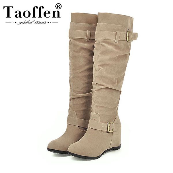 

taoffen 4 color slip on wedges knee high boots winter warm high heels long boots office work shoes woman footwear size 33-43, Black