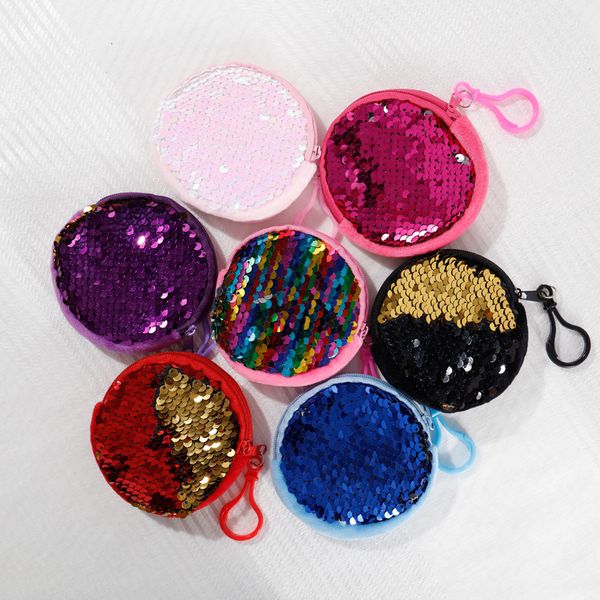 

kids small sequins portable earphone storage coin purse keychain handbag girls double color key case zipper bag clutch bags 7 colors e9901, White