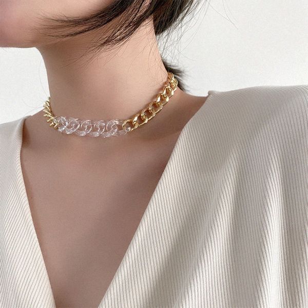 

2020 new korea chic transparent acrylic acetate silver color metal link chain necklace short choker for women jewelry, Golden;silver