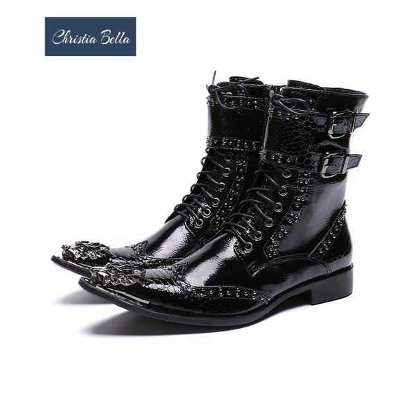 

christia bella winter metal pointed toe men boots rivets real leather men motorcycle boots black lace up short