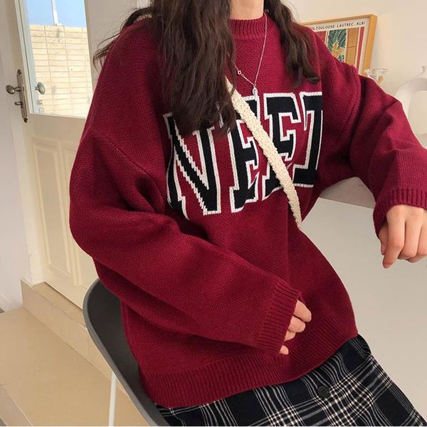 

женский зимний корейский harajuku одежда женщины сыпучие с длинными рукавами дикий вязаная kawaii ulzzang шик пуловер jumper женские свитера, White;black