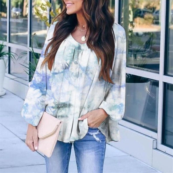 

2020 new tie-dye printed blouse loose bandage chiffon shirt women casual bow long sleeve ruffles ladies au4, White