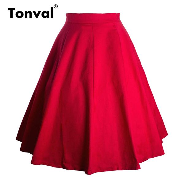 

tonval high waist a line cotton solid vintage skater swing skirts womens 2020 pin up red summer retro midi skirt, Black
