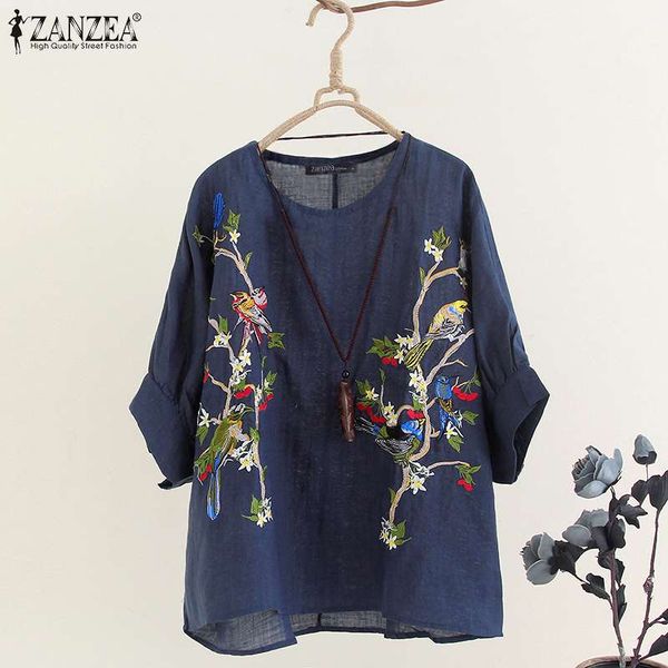 

zanzea women floral embroidery blouse summer sleeve cotton linen casual vintage o neck shirt femininas blusas loose, White