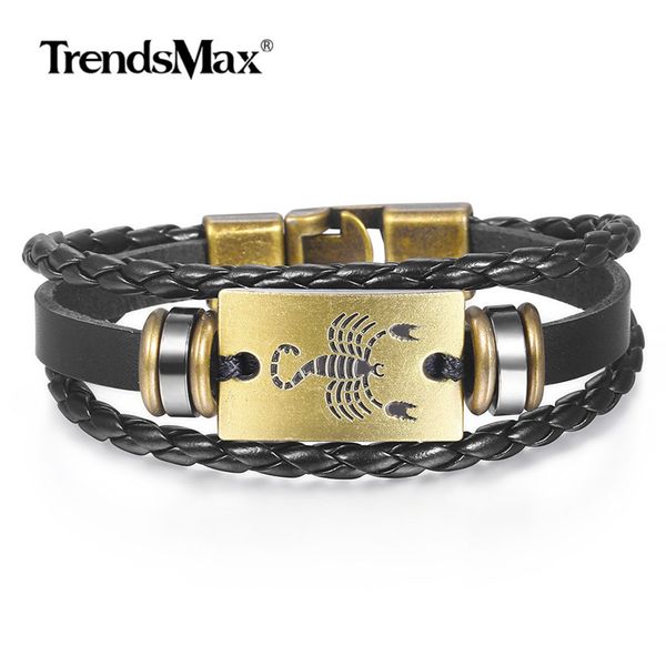 

12 constellation multi layer retro leather bracelet mens womens black rope zodiac horoscopes wristband vintage jewelry lbm139, Golden;silver