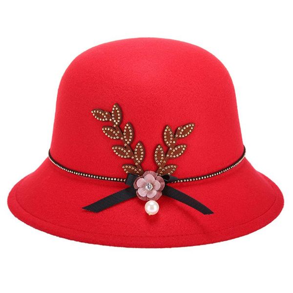 

vintage women hat flower pearl bow-knot decorated felt cap warm easy match lady elegant bowler hat, Blue;gray
