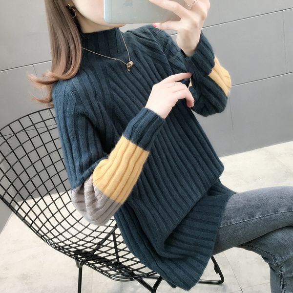 

4894l area 32 right] - real svelveteen color contrast raglan sleeve half high neck striped elastic shirt 49, White
