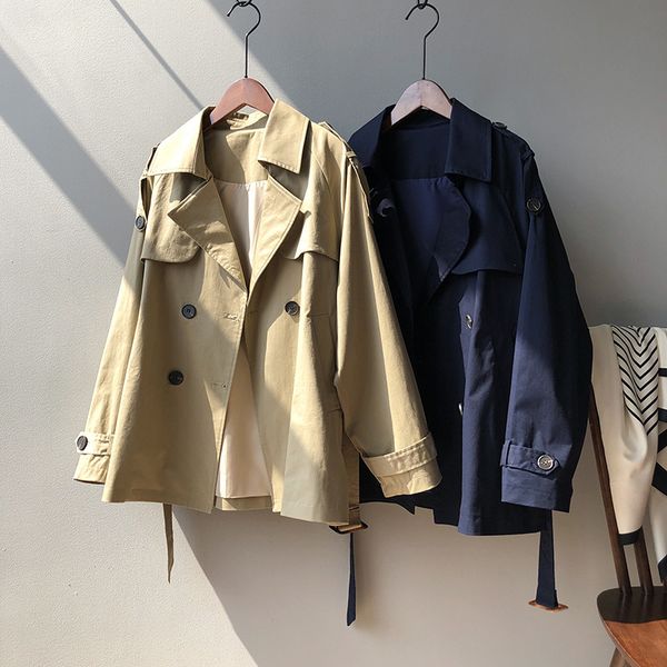 

women's korean short trench coat khaki blue loose coat for spring, Tan;black