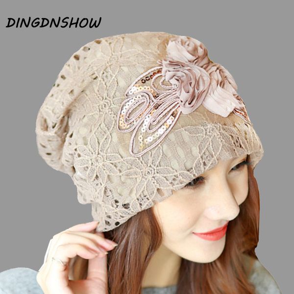

dingdnshow] brand beanies hat cotton lace double flowers 2020 knitted cap lady skullies for women, Blue;gray