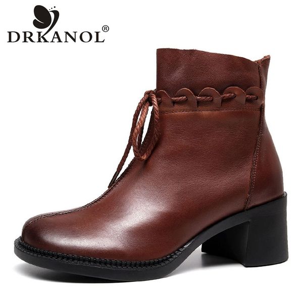 

drkanol fashion women boots 100% genuine leather high heel ankle boots for women retro handmade thick heel casual short, Black