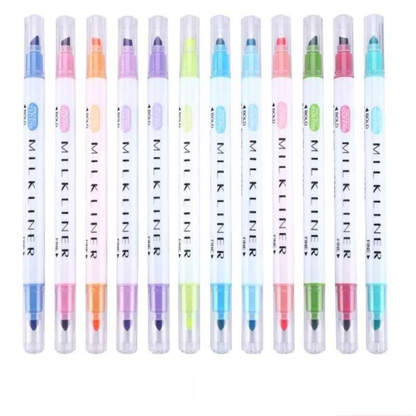 

12pcs cute double head fluorescent pen milkliner highlighters color marker pen school supplies kawaii, Black;red