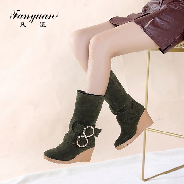 

fanyuan women boots female down winter boots warm mid calf snow ladies wedge shoes woman warm fur botas mujer footwear, Black