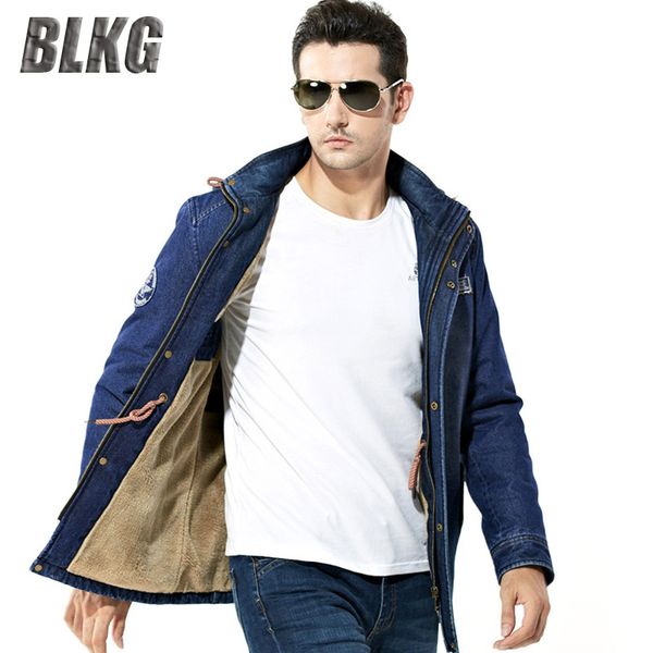 

men's jackets wholesale winter jacket denim coat mid-long plus velvet thick warm cotton casual coats hooded overcoat men, Black;brown