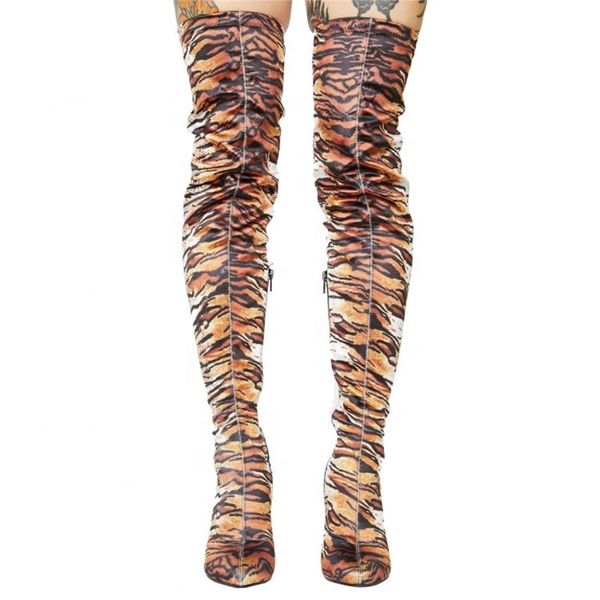 

большой размер 48 animal print stretch fabric верхняя женщин старше колено высокого ботинка бедренной кости со стороны высокого half-молнии, Black