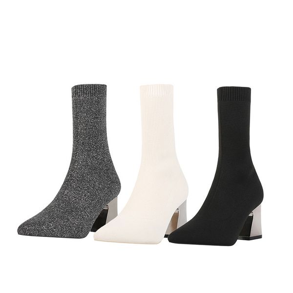 

mid-calf boots winter 2020 fashion sock boots block heels woman female booties ladies shoes knitted stretch high heels for women, Black
