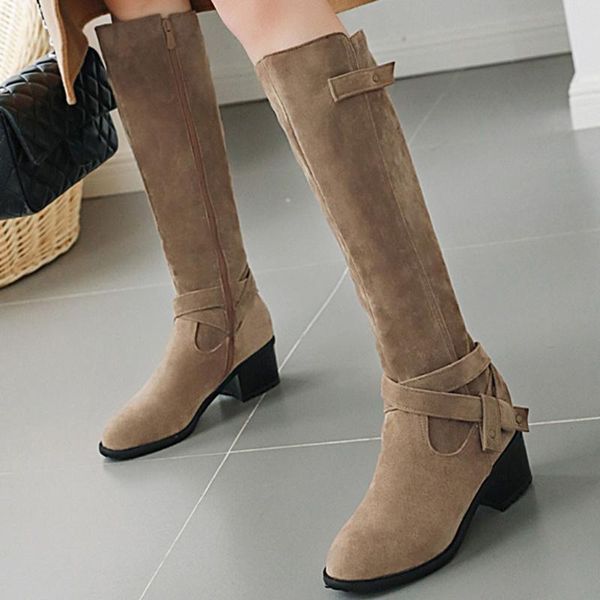 

boots knee-high suede long women's flock women winter round head large size barrel shoes botas mujer, Black