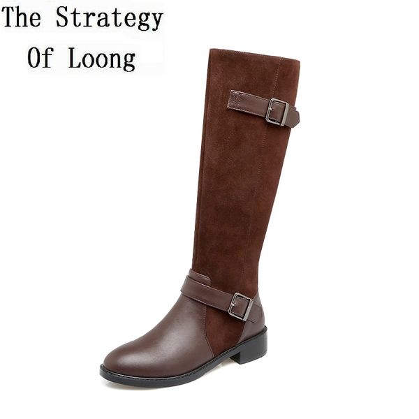 

vintage genuine leather knee high buckle patchwork low heels long boots spring autumn lady restore high boots 20201217, Black